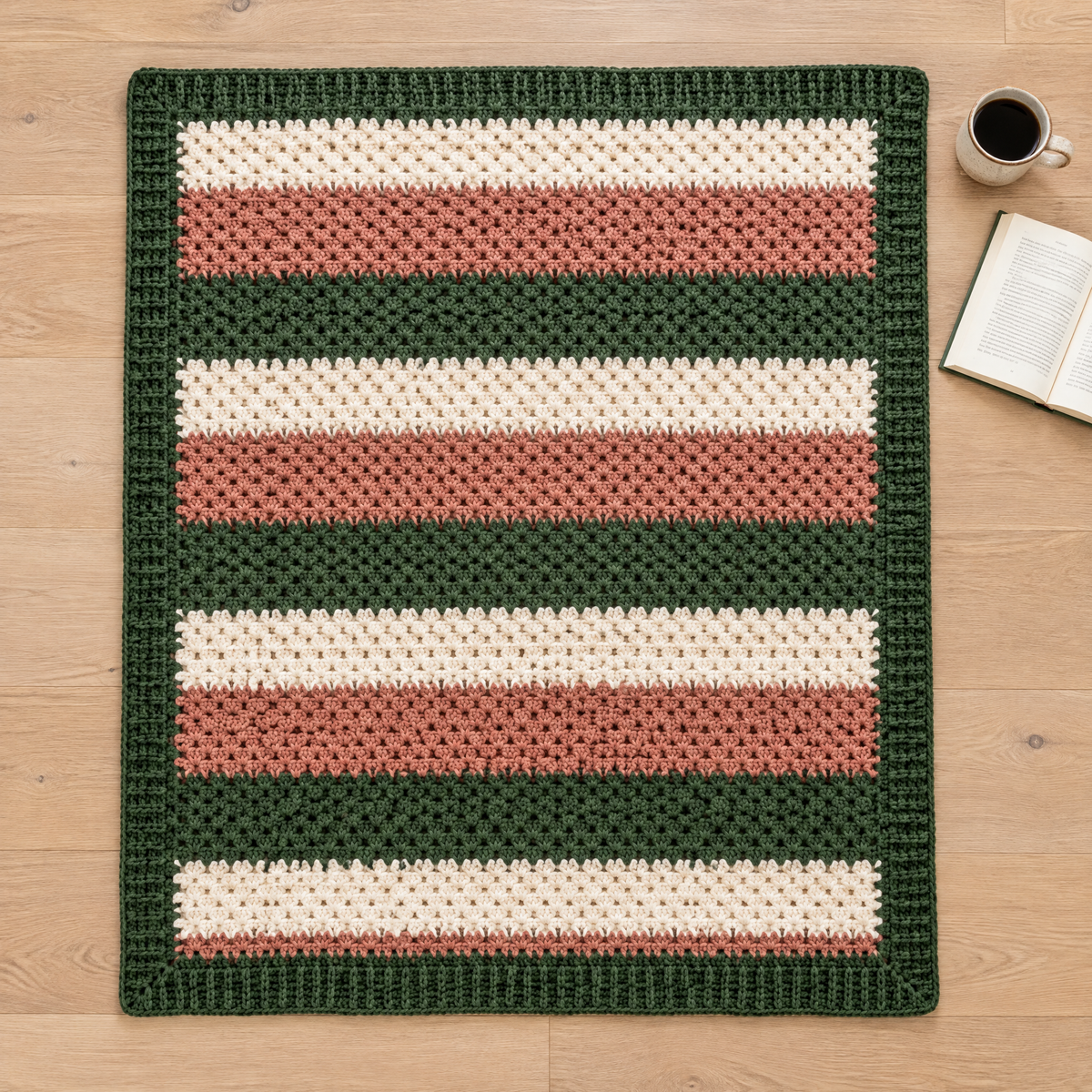 Hearthside Rib Throw crochet design shown next to everyday objects for scale