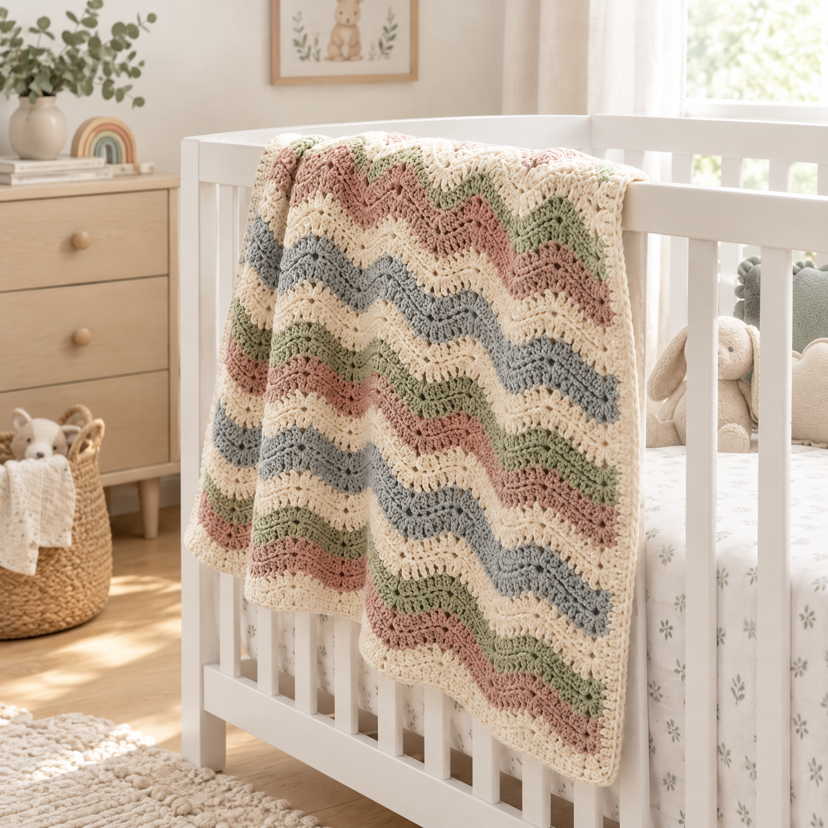 Coastal Stripe Baby Blanket crochet design styled at home