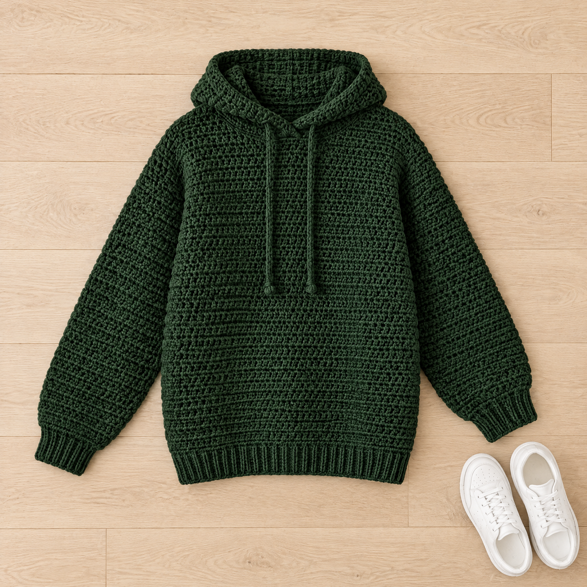 Juniper Textured Crochet Hoodie — size reference next to everyday objects