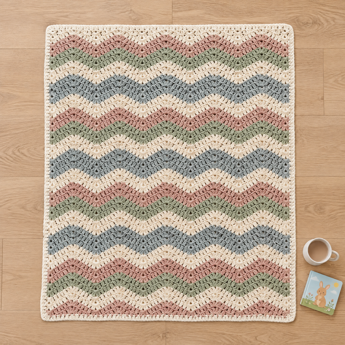 Coastal Stripe Baby Blanket crochet design shown next to everyday objects for scale