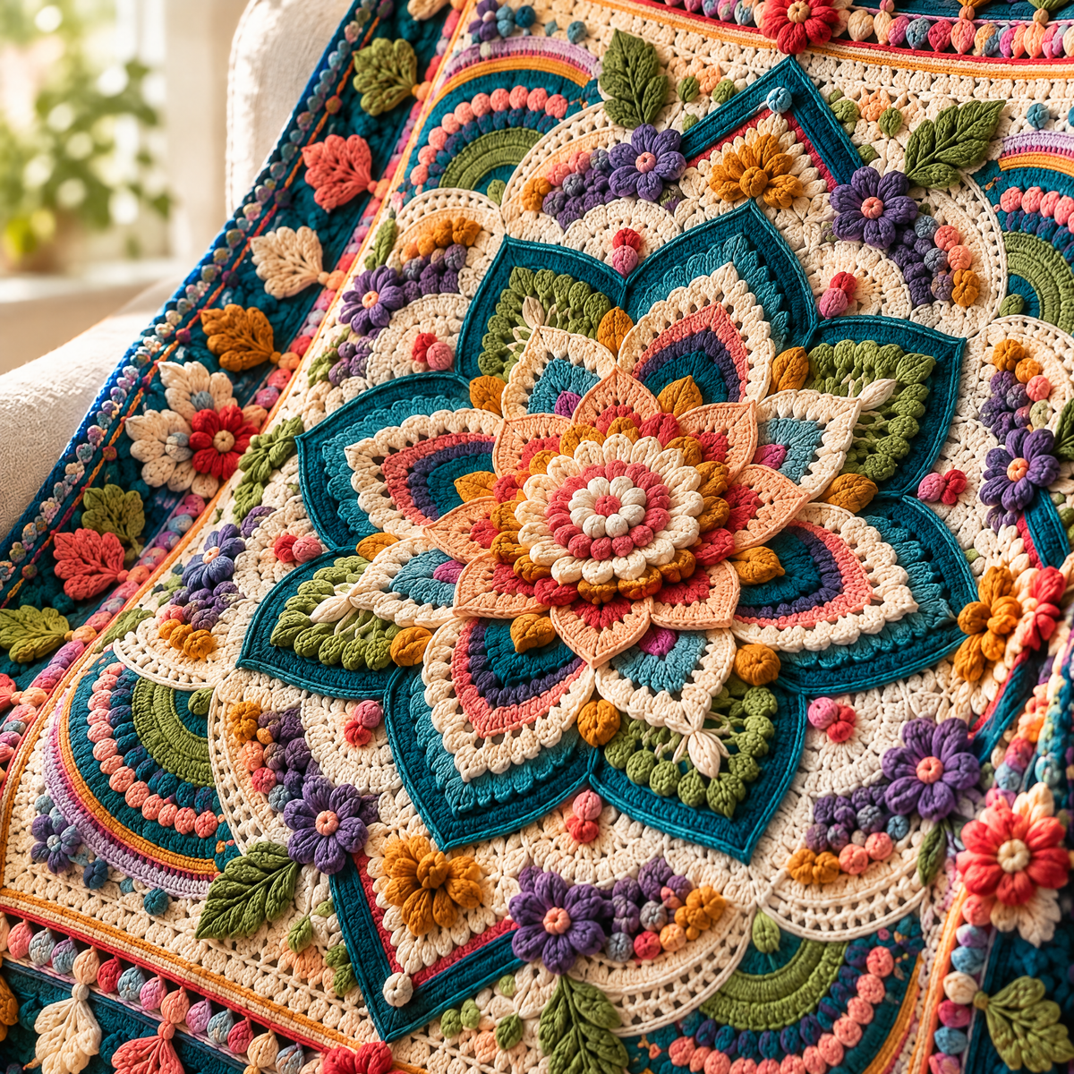 Close-up of the stitches in the Mystic Mandala Blanket crochet design