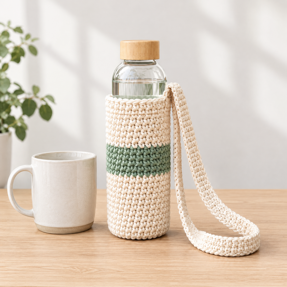 Riverstone Bottle Holder crochet design shown next to everyday objects for scale