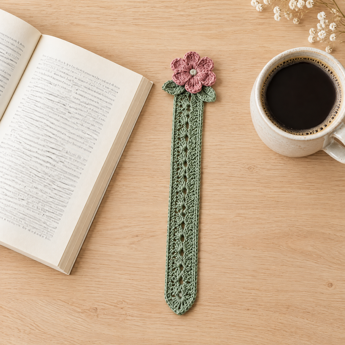 Little Fern Bookmark Set crochet design shown next to everyday objects for scale