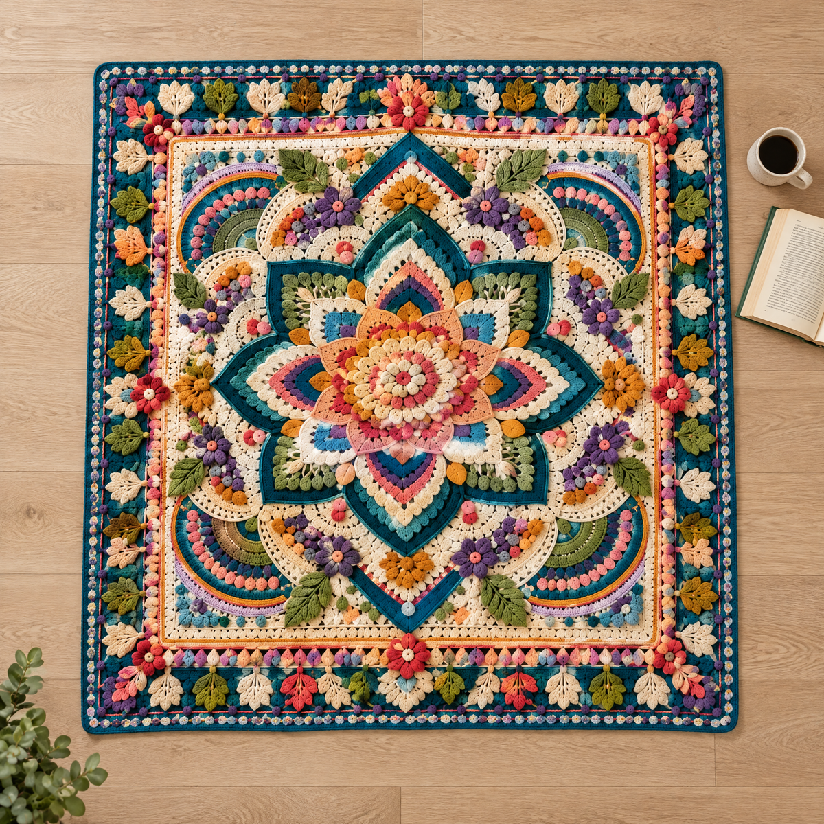 Mystic Mandala Blanket crochet design shown next to everyday objects for scale
