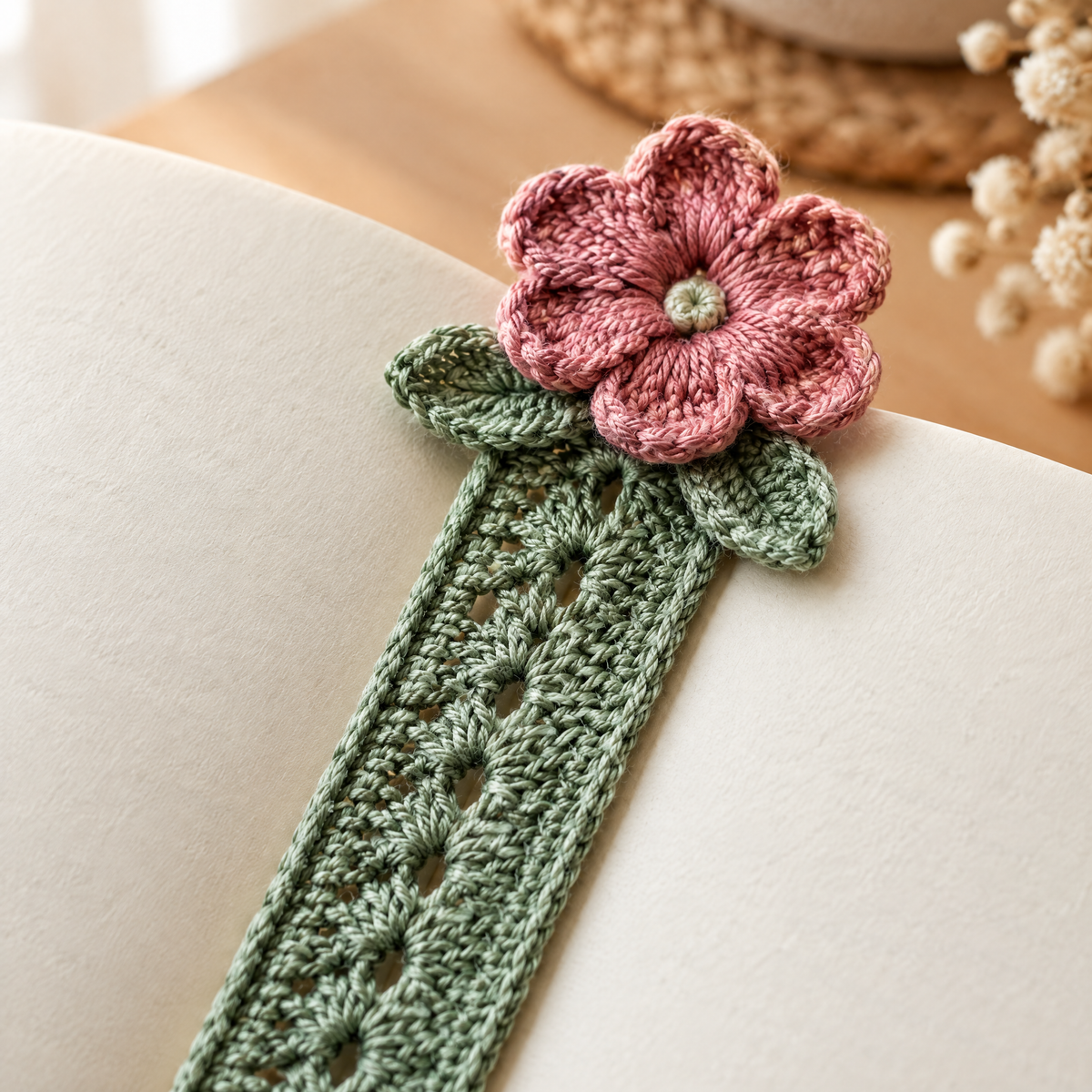 Close-up of the stitches in the Little Fern Bookmark Set crochet design