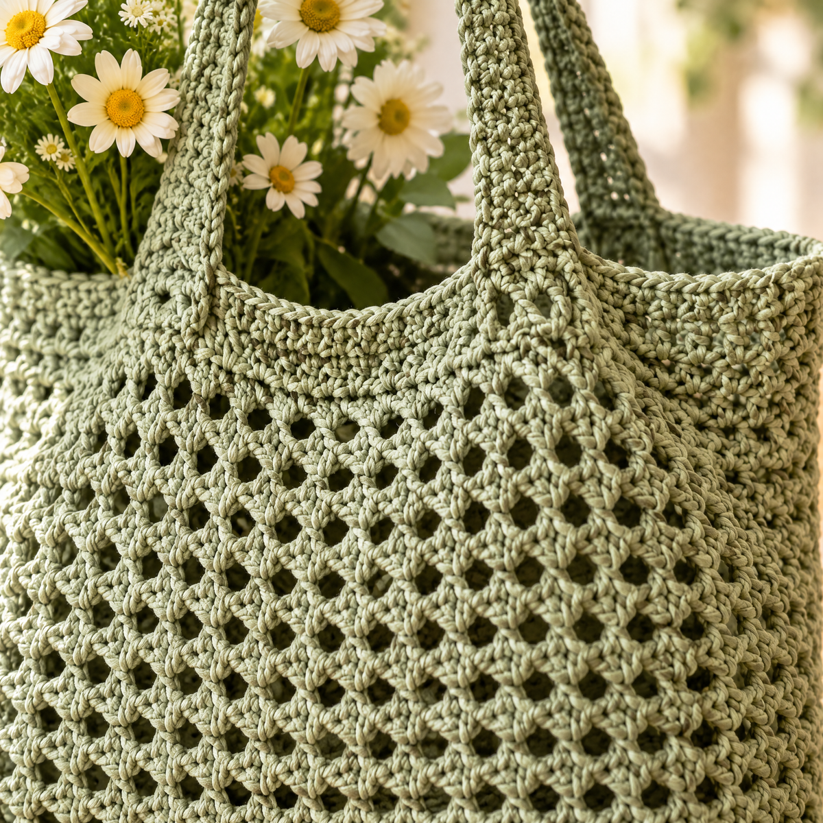 Close-up of the stitches in the Market Tote crochet design