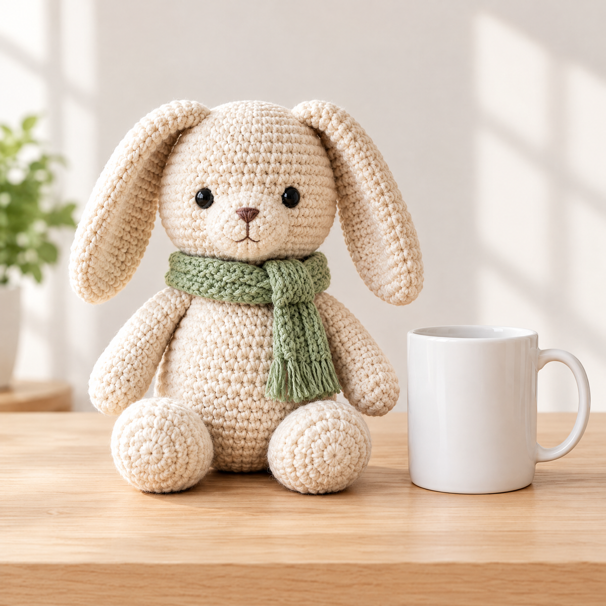 Little Bunny crochet design shown next to everyday objects for scale