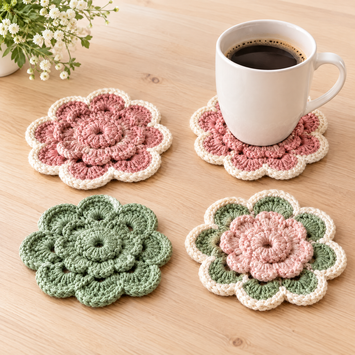 Bloom Coasters crochet design shown next to everyday objects for scale