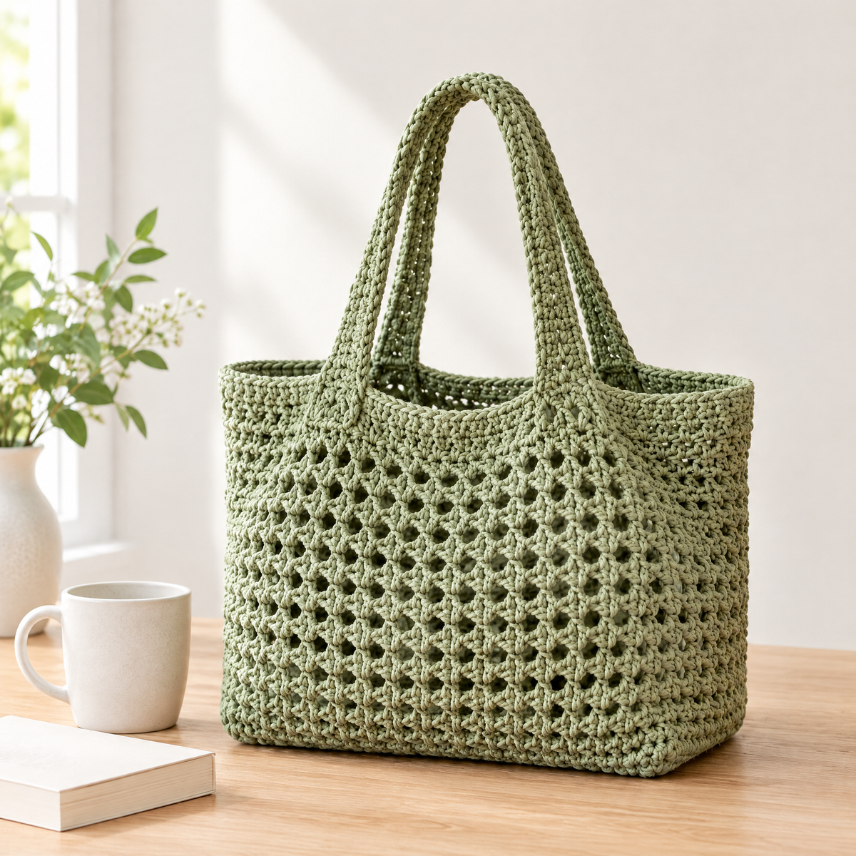 Market Tote crochet design shown next to everyday objects for scale