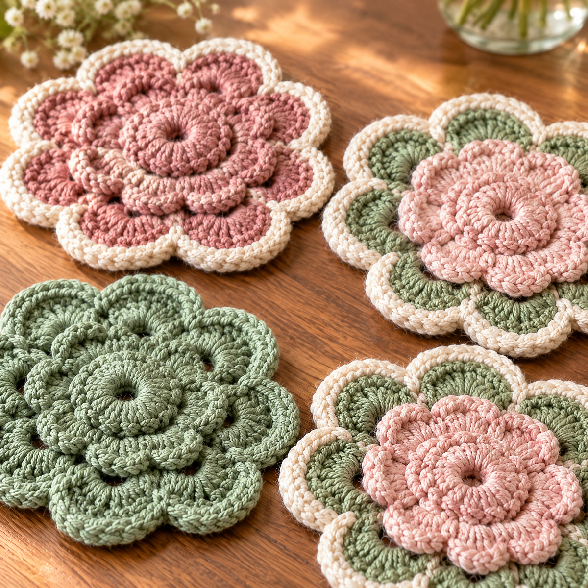 Close-up of the stitches in the Bloom Coasters crochet design