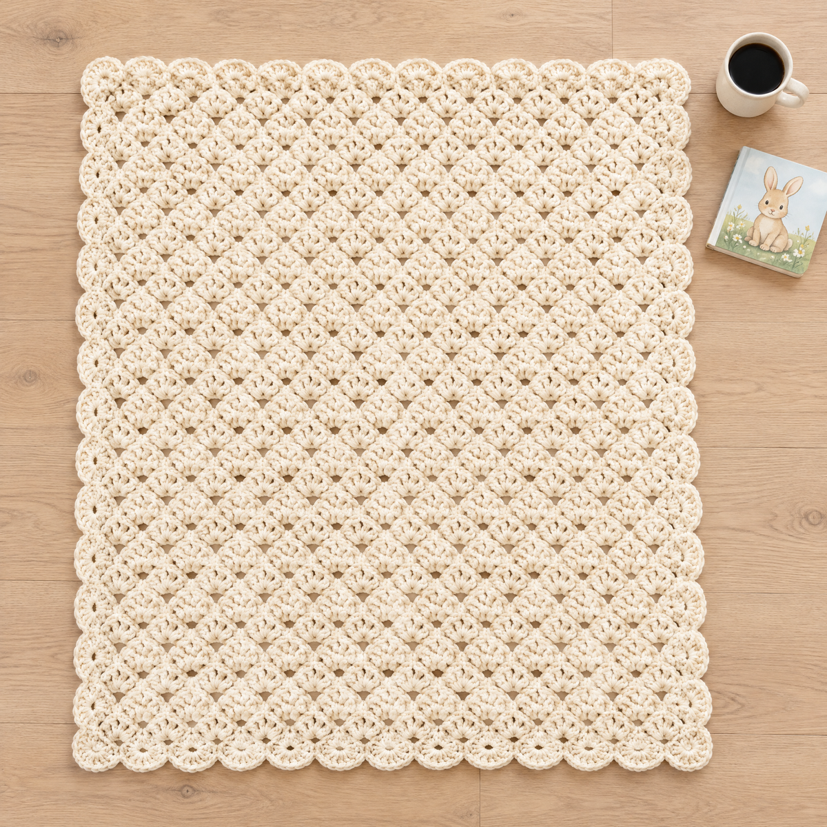 Cozy Baby Blanket crochet design shown next to everyday objects for scale