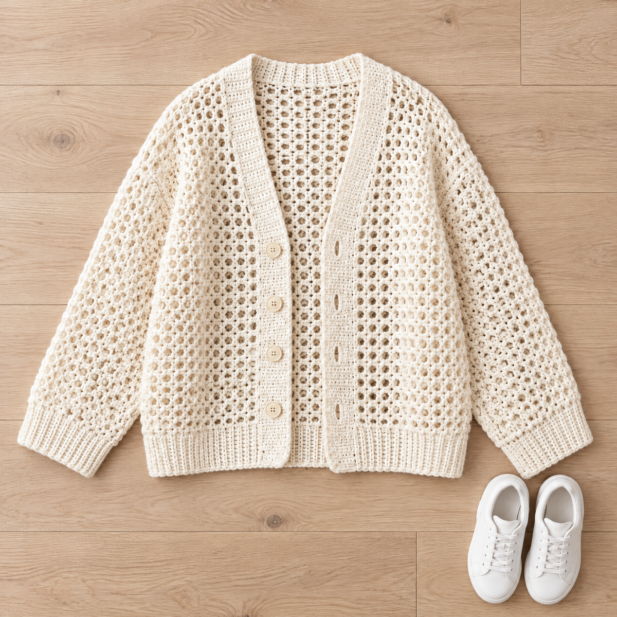 Everyday Cardigan crochet design shown next to everyday objects for scale