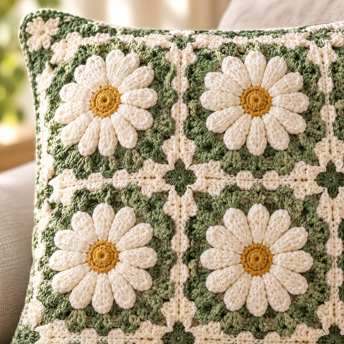 Close-up of the stitches in the Meadow Cushion crochet design