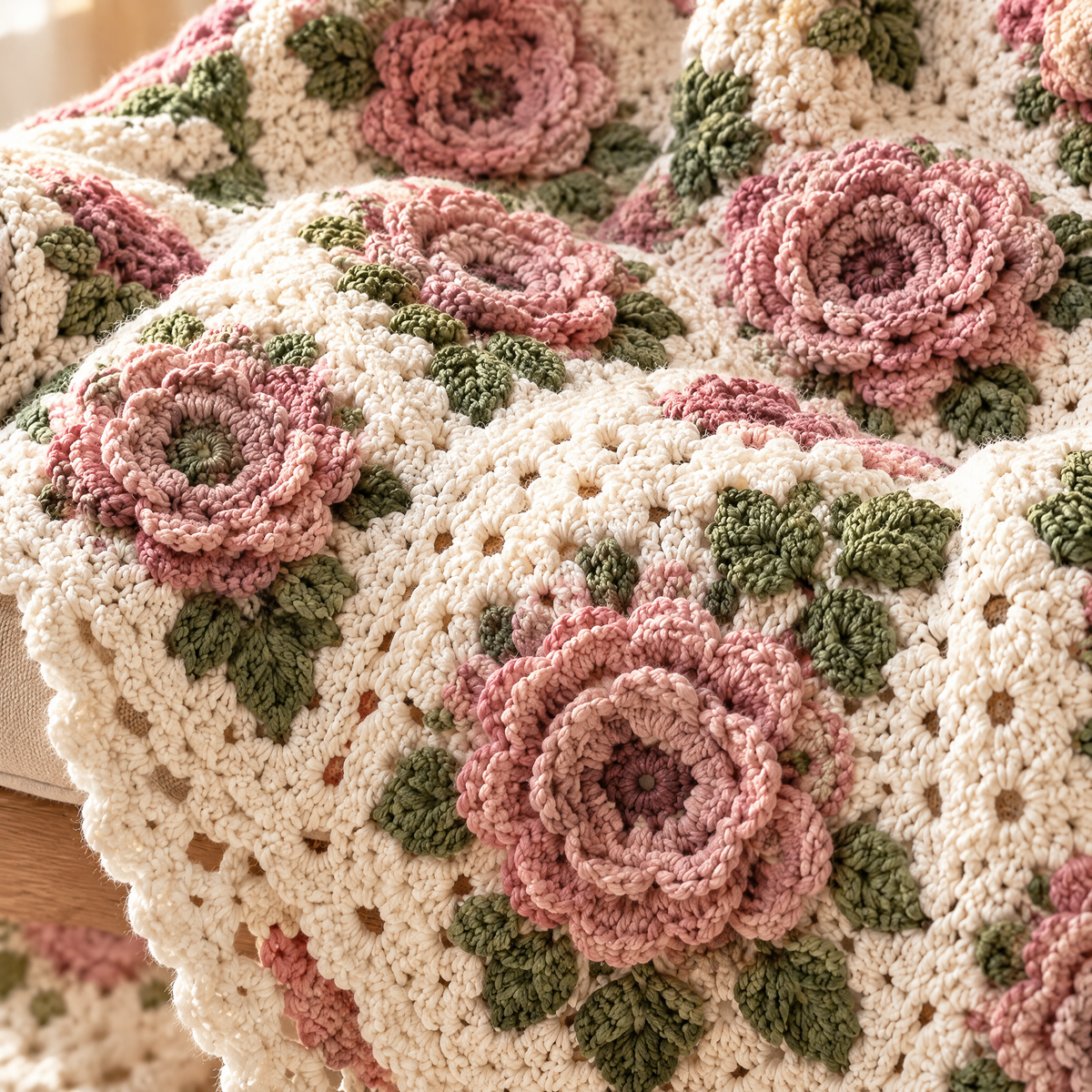 Close-up of the stitches in the Rosehaven Bloom Blanket crochet design