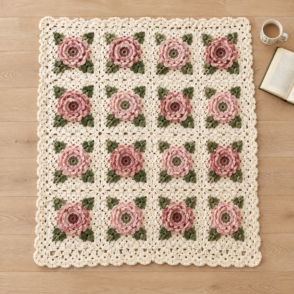 Rosehaven Bloom Blanket crochet design shown next to everyday objects for scale