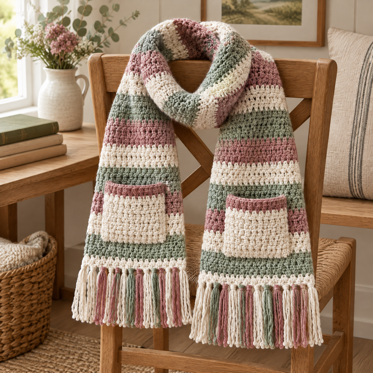Willow Pocket Scarf crochet design shown for the PDF pattern