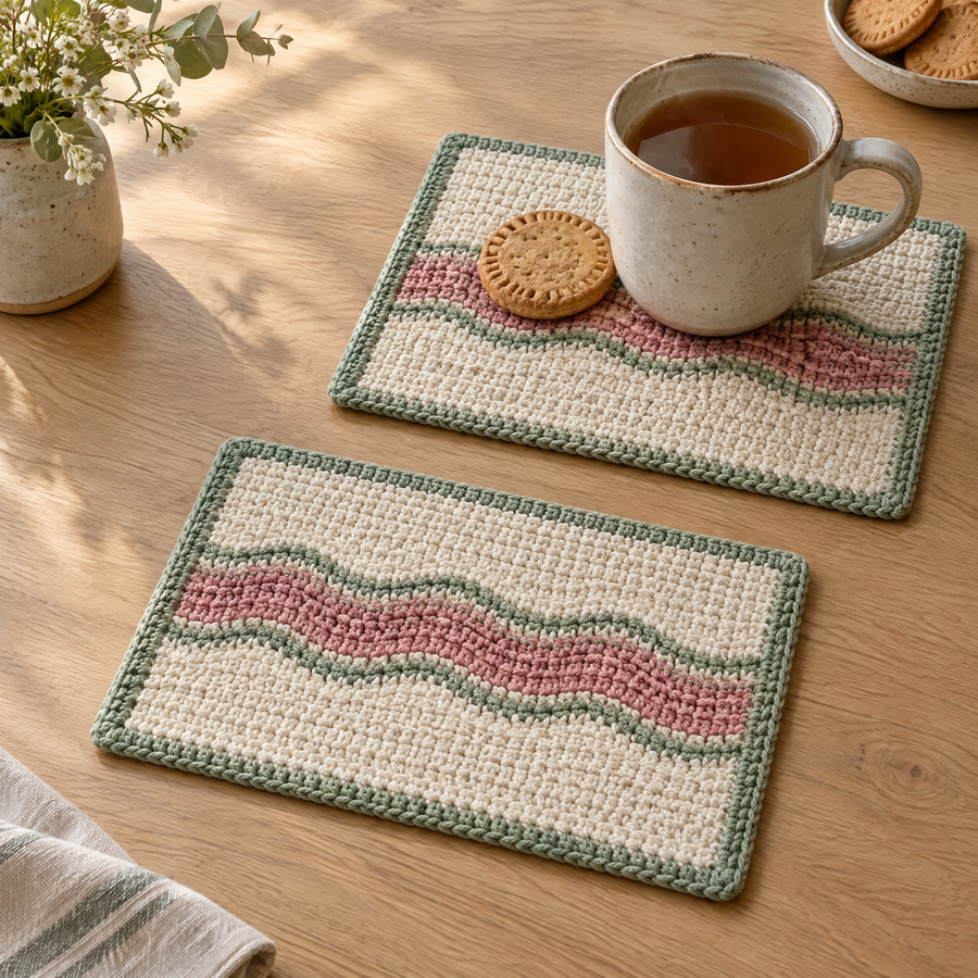 Cloudline Mug Rug Set crochet design shown for the PDF pattern