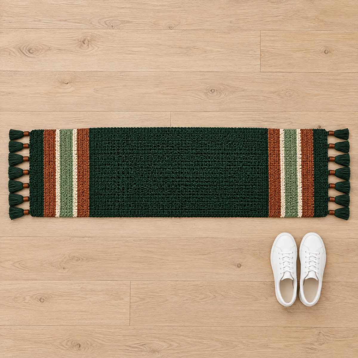 Cedar Stripe Bed Runner crochet design shown next to everyday objects for scale