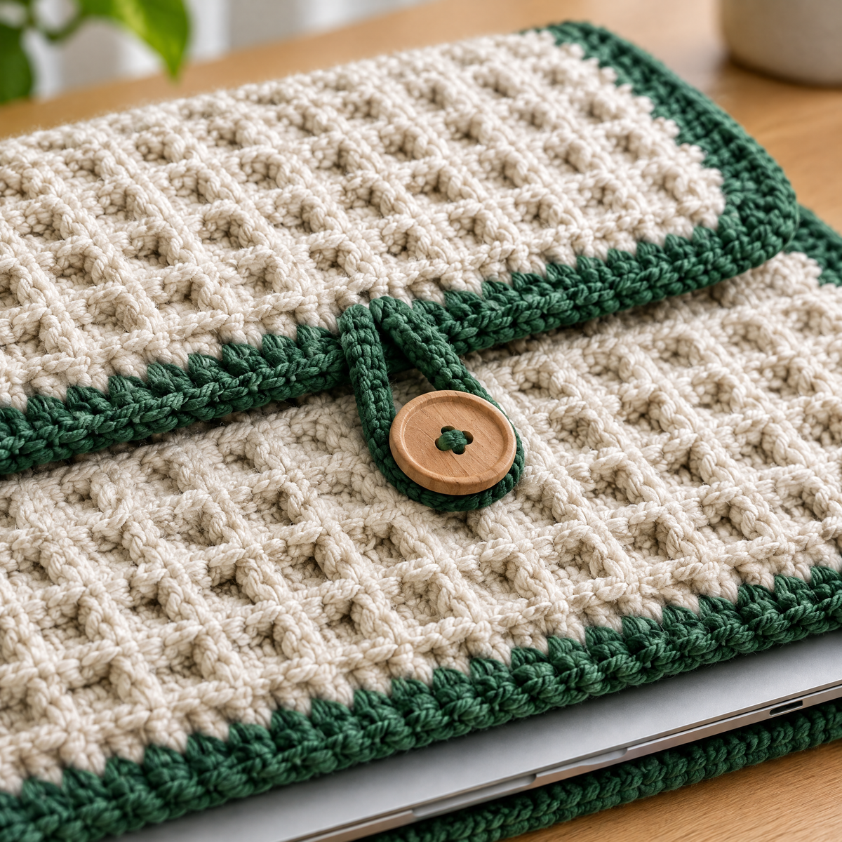 Close-up of the stitches in the Honeycomb Laptop Sleeve crochet design