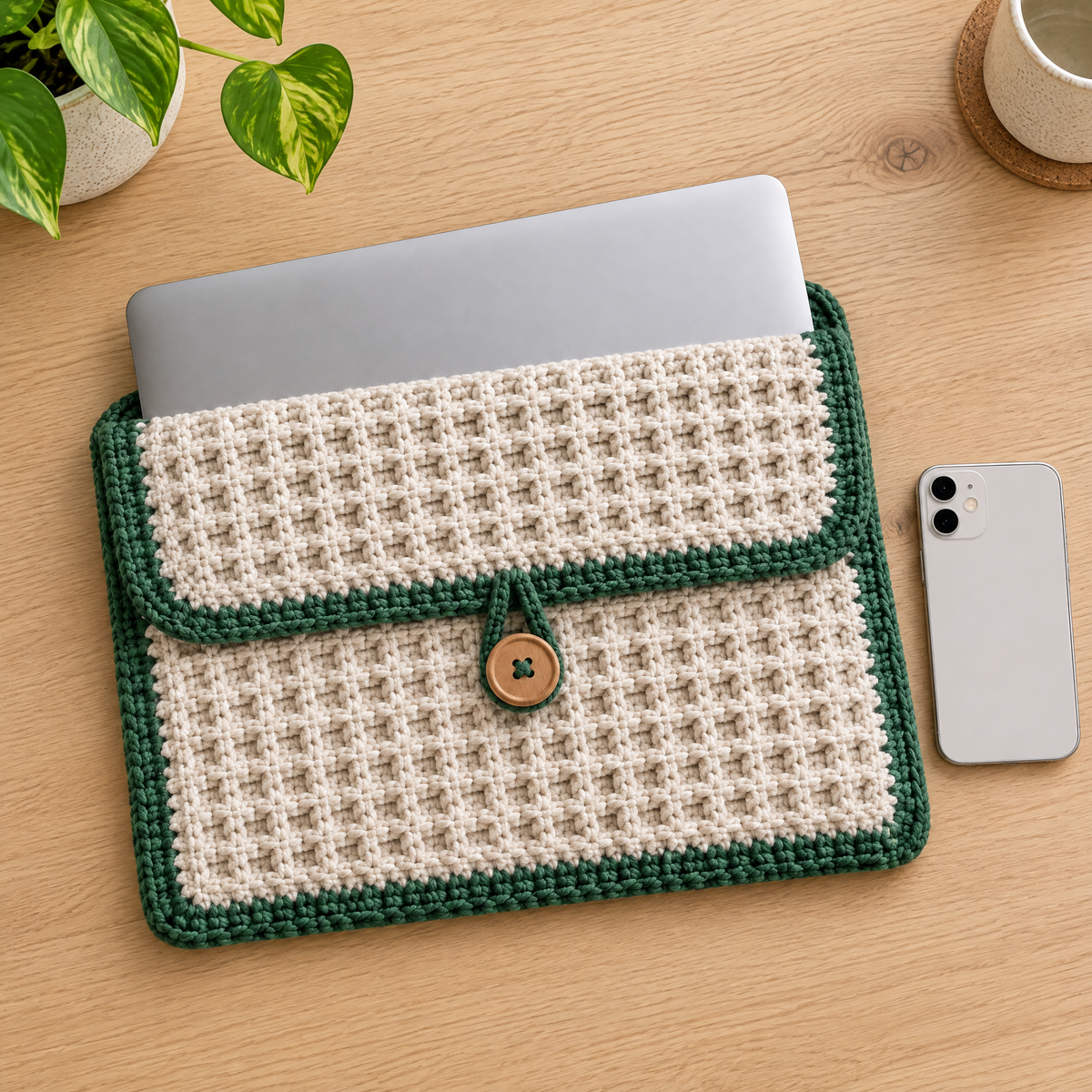 Honeycomb Laptop Sleeve crochet design shown next to everyday objects for scale