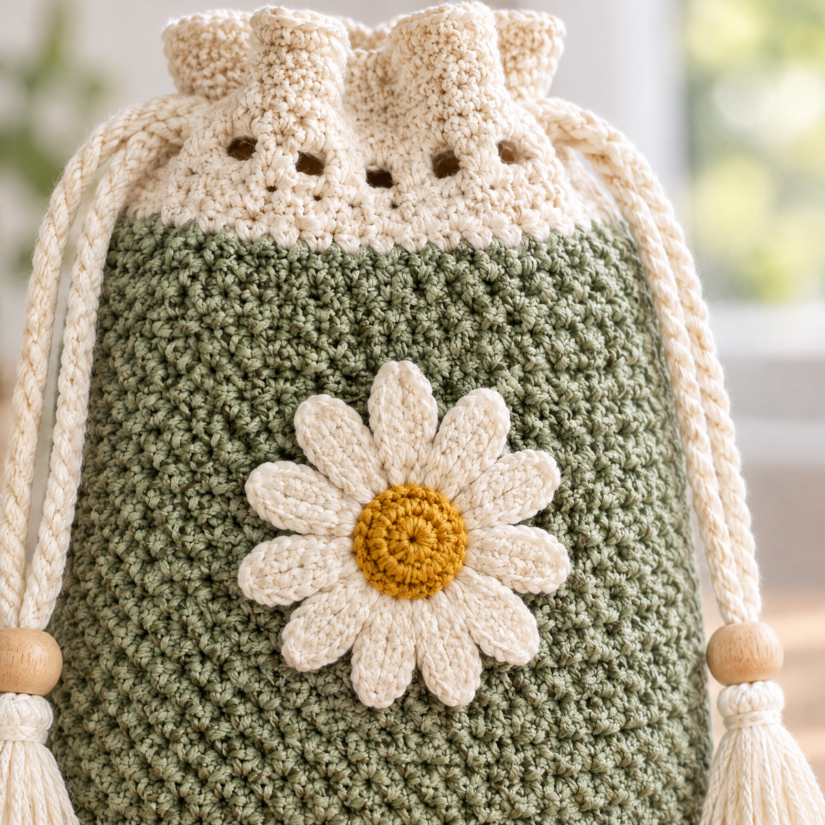 Close-up of the stitches in the Daisy Drawstring Pouch crochet design