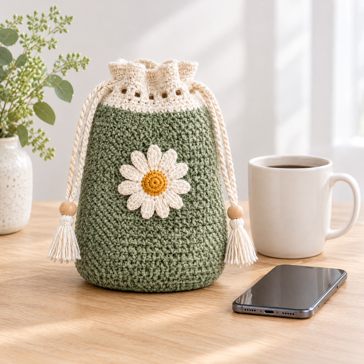 Daisy Drawstring Pouch crochet design shown next to everyday objects for scale