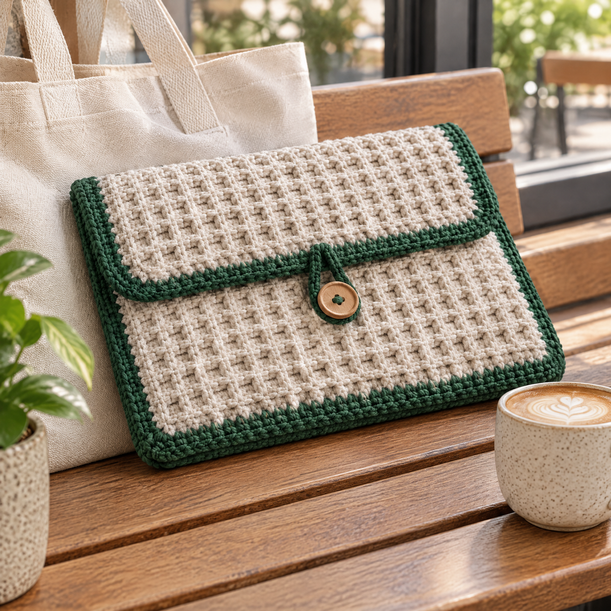 Honeycomb Laptop Sleeve crochet design styled at home