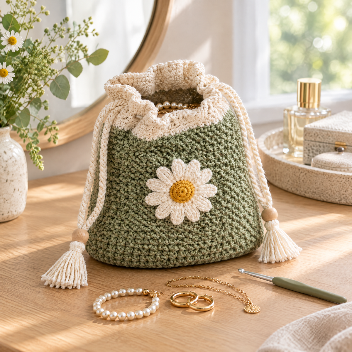 Daisy Drawstring Pouch crochet design styled at home