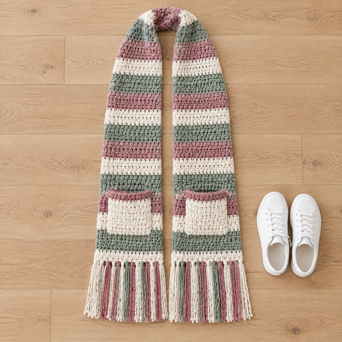 Willow Pocket Scarf crochet design shown next to everyday objects for scale