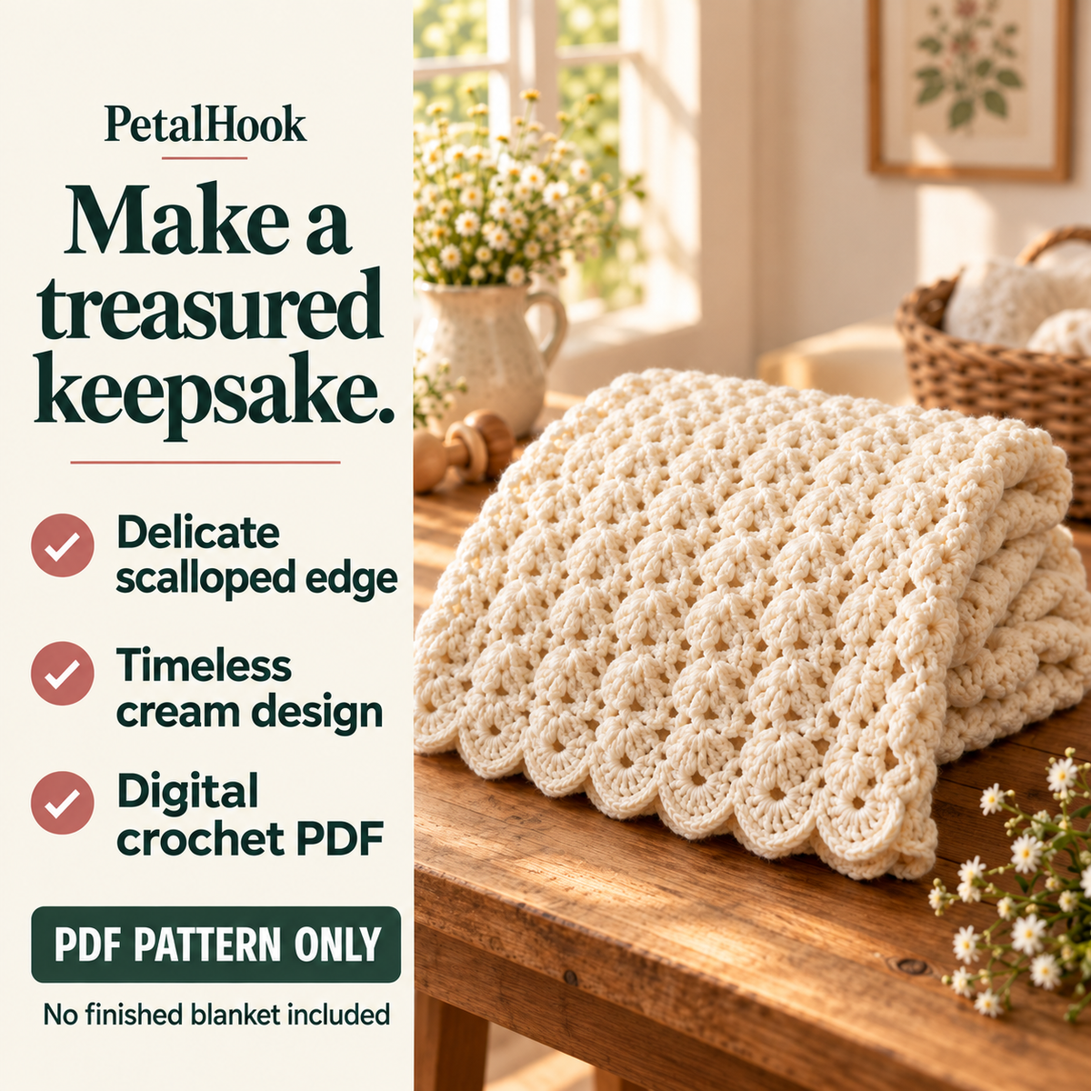 PetalHook pattern overview: Cozy Baby Blanket. Delicate scalloped edge. Timeless cream design. Digital crochet PDF. No finished blanket included.