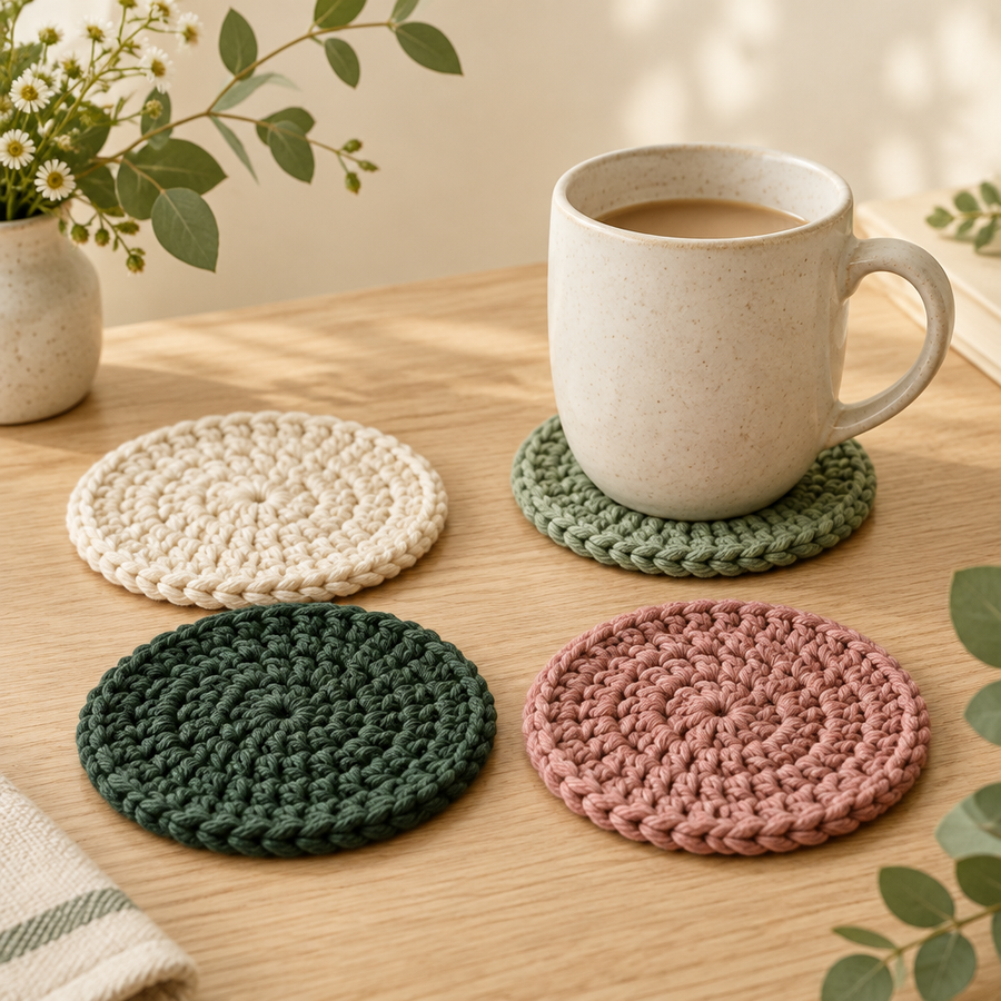 Set of four crochet drink coasters in cream, sage, forest green, and dusty rose