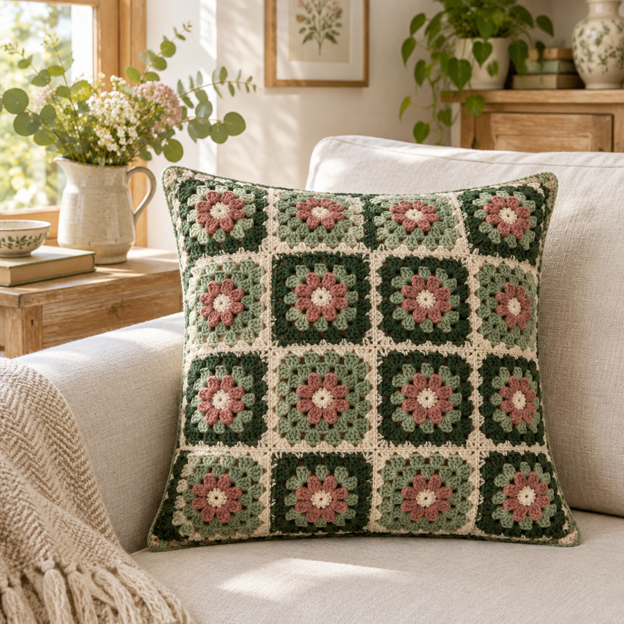 Meadow Grid Cushion Cover crochet design shown for the PDF pattern