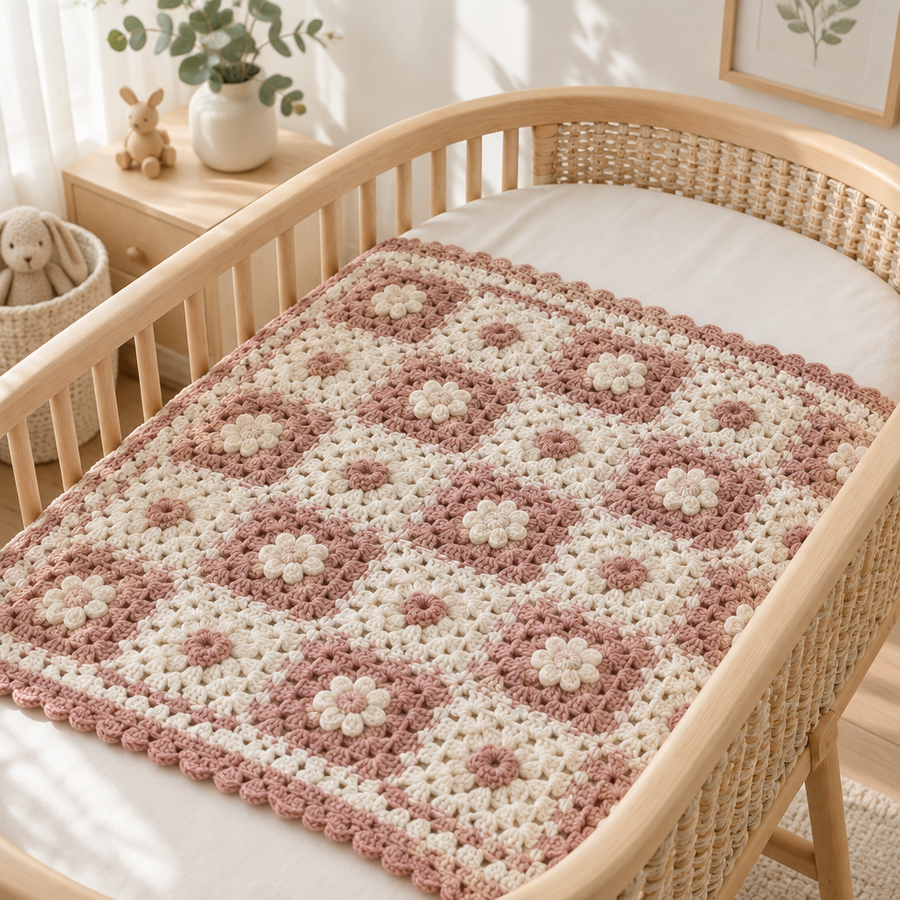 Dusty-rose and cream crochet floral baby blanket in a bright nursery