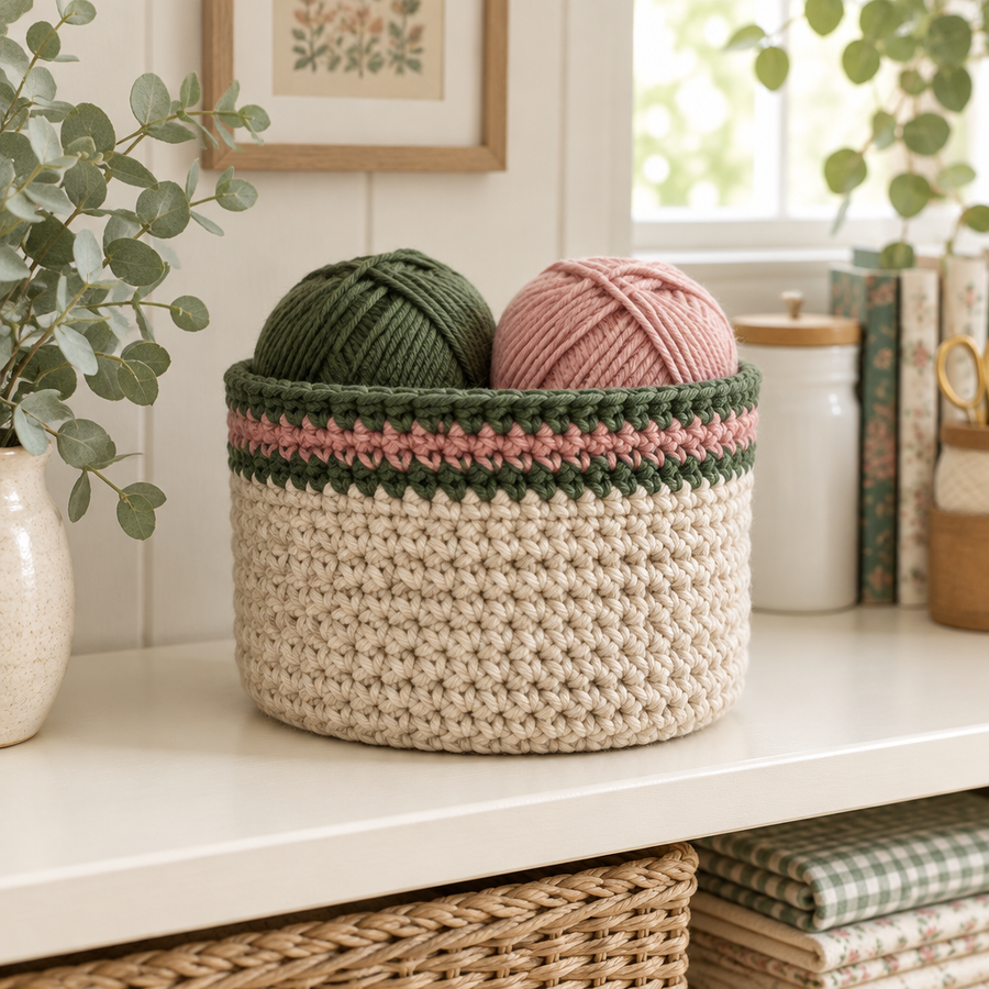 Oatmeal crochet storage basket with forest-green and dusty-rose rim