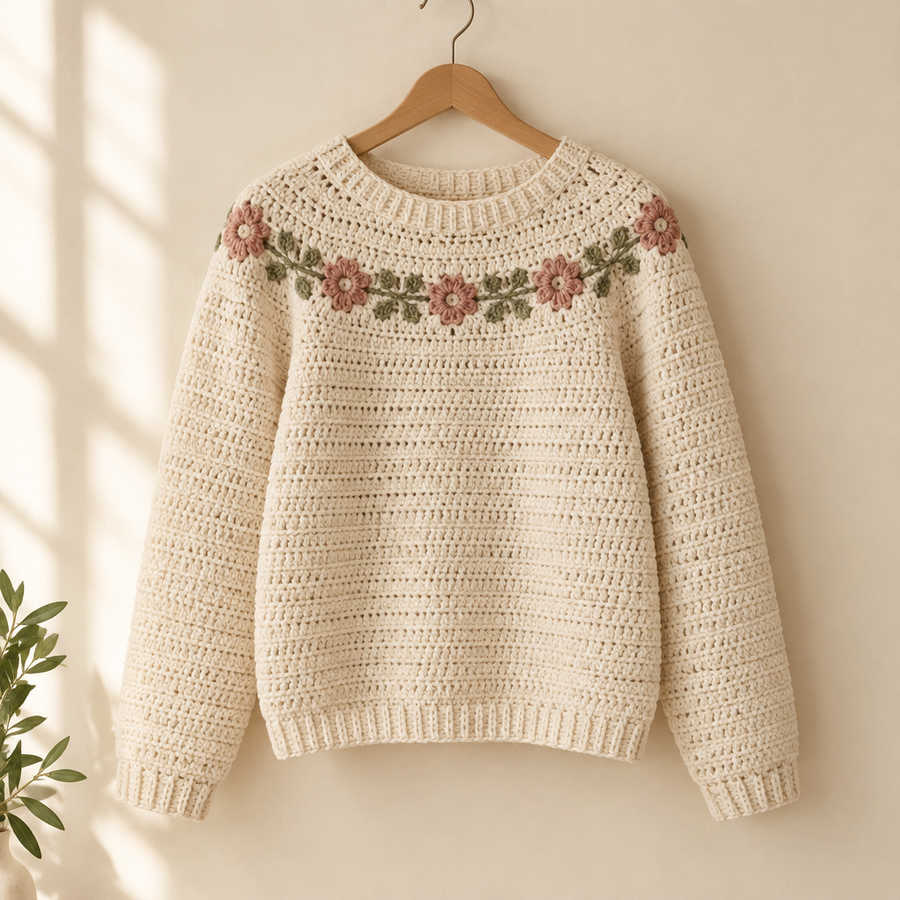Cream crochet pullover with sage and dusty rose floral yoke