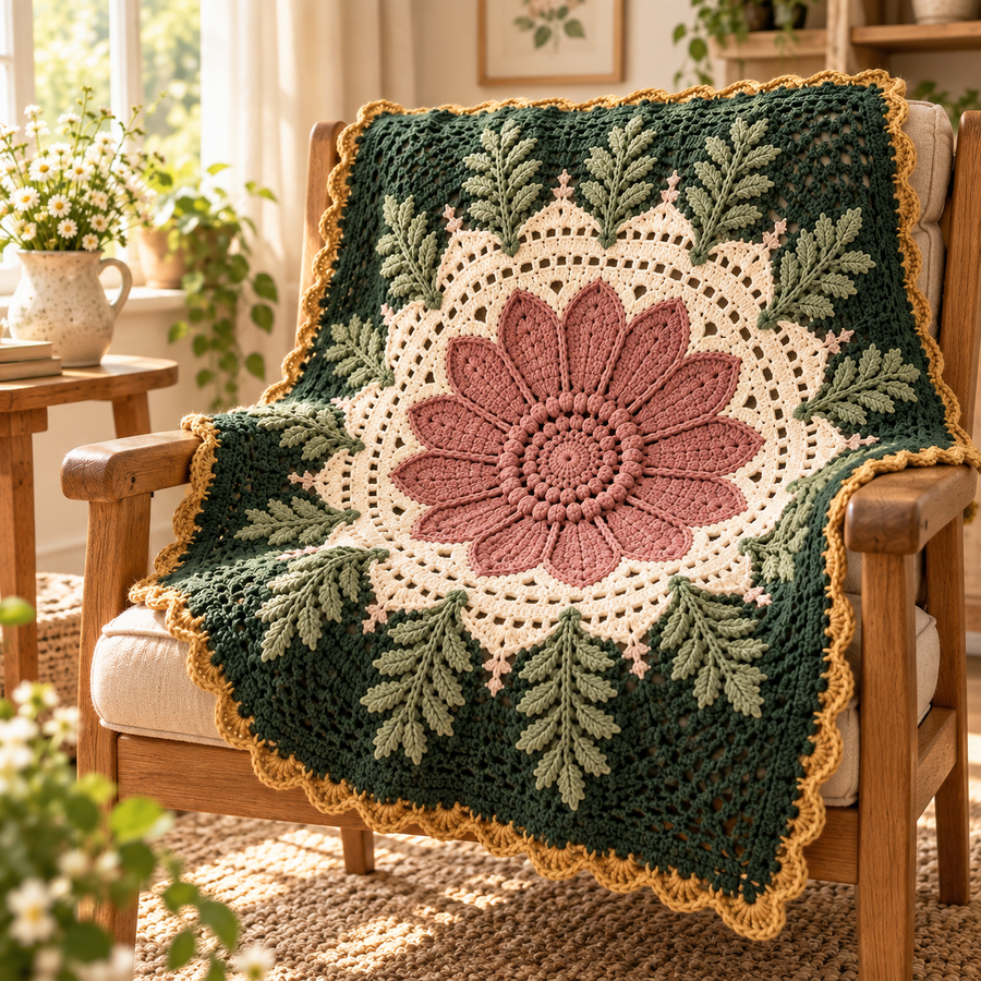 Fern & Bloom Mandala Blanket on an oak armchair in a sunlit cottage setting