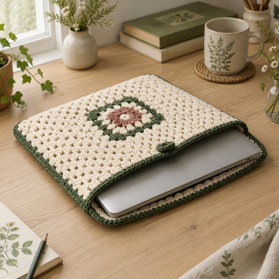 Cream crochet laptop sleeve with forest-green edging and rose floral panel