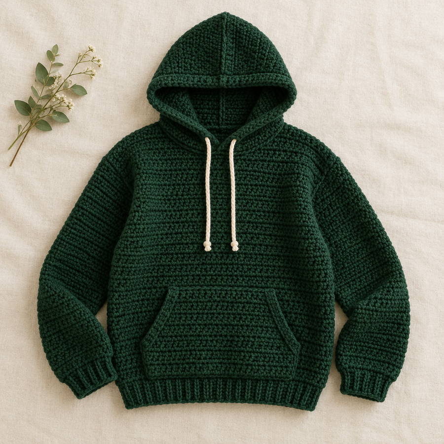 Forest-green crochet hoodie displayed on a neutral linen surface