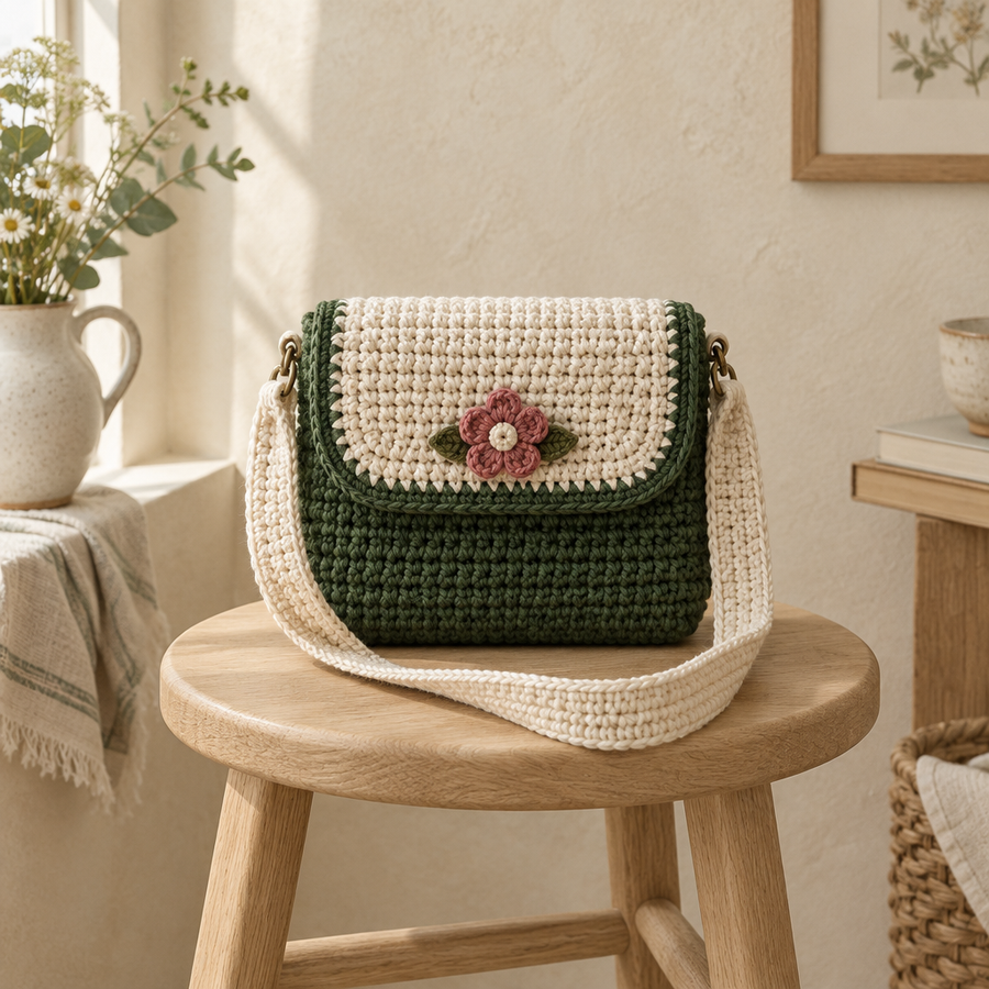 Forest-green and cream crochet crossbody bag with a rose flower accent