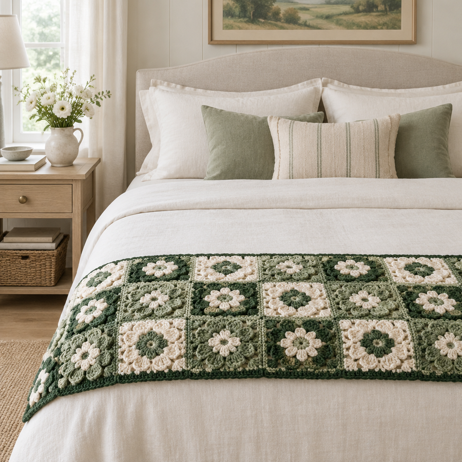 Forest-green, sage, and ivory crochet floral bed runner