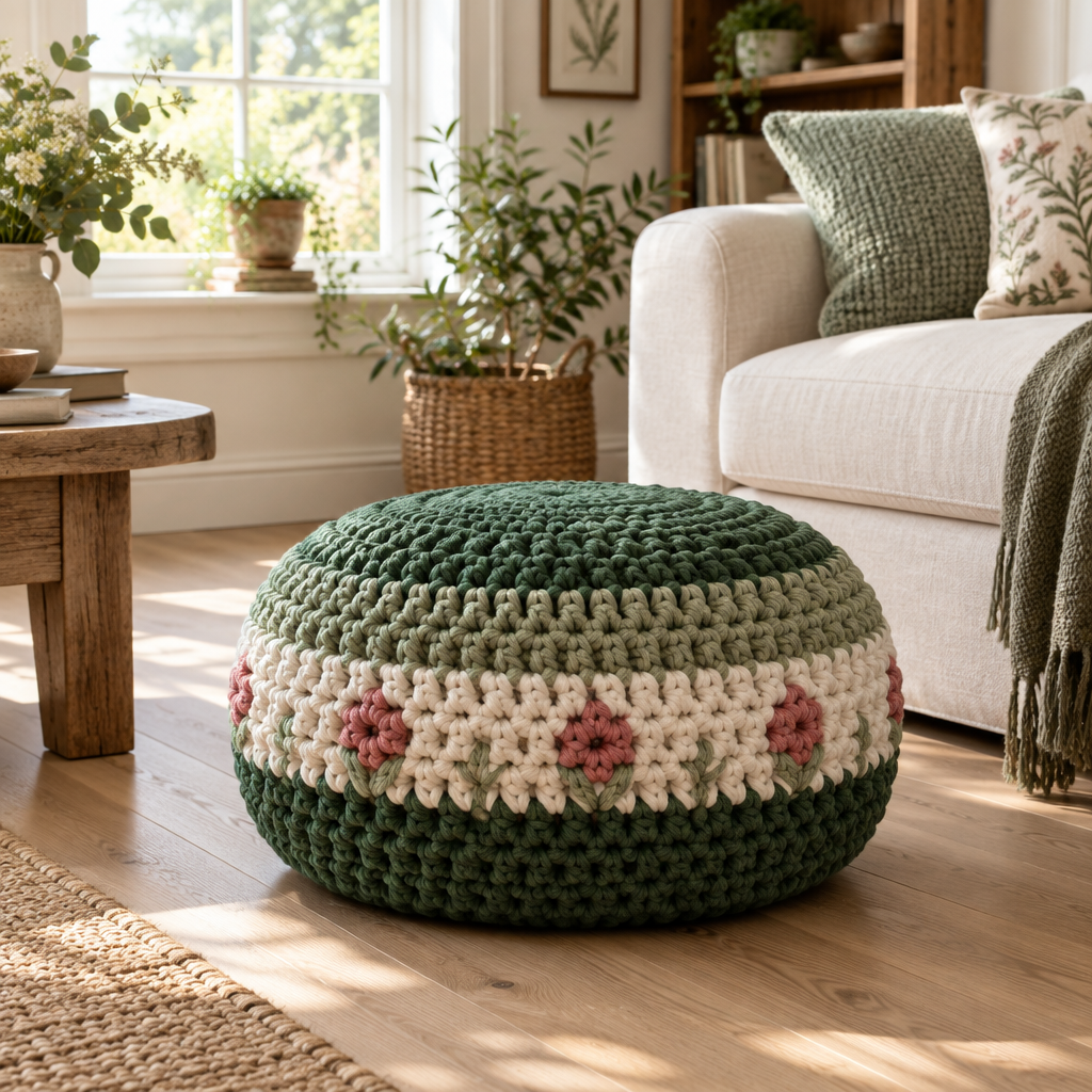 Chunky crochet floor pouf in forest green, sage, and cream