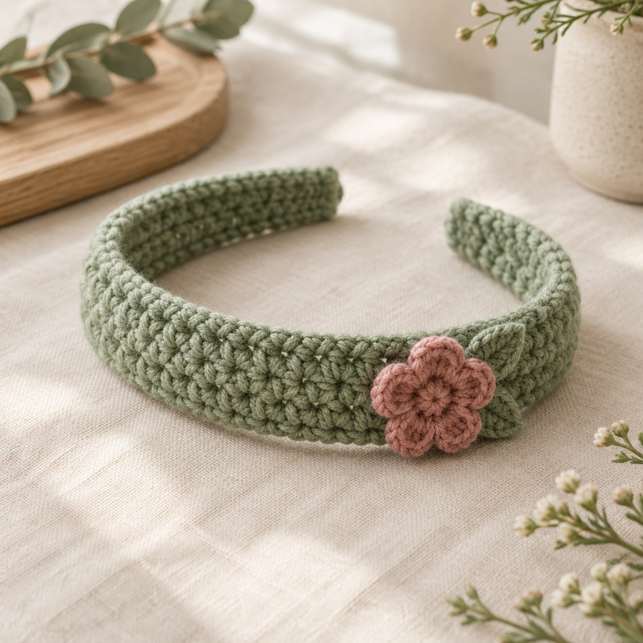 Sage crochet headband with a dimensional dusty-rose flower