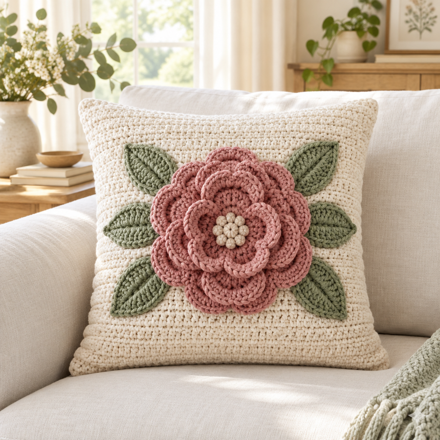 Ivory crochet cushion with a dimensional dusty-rose flower and sage leaves