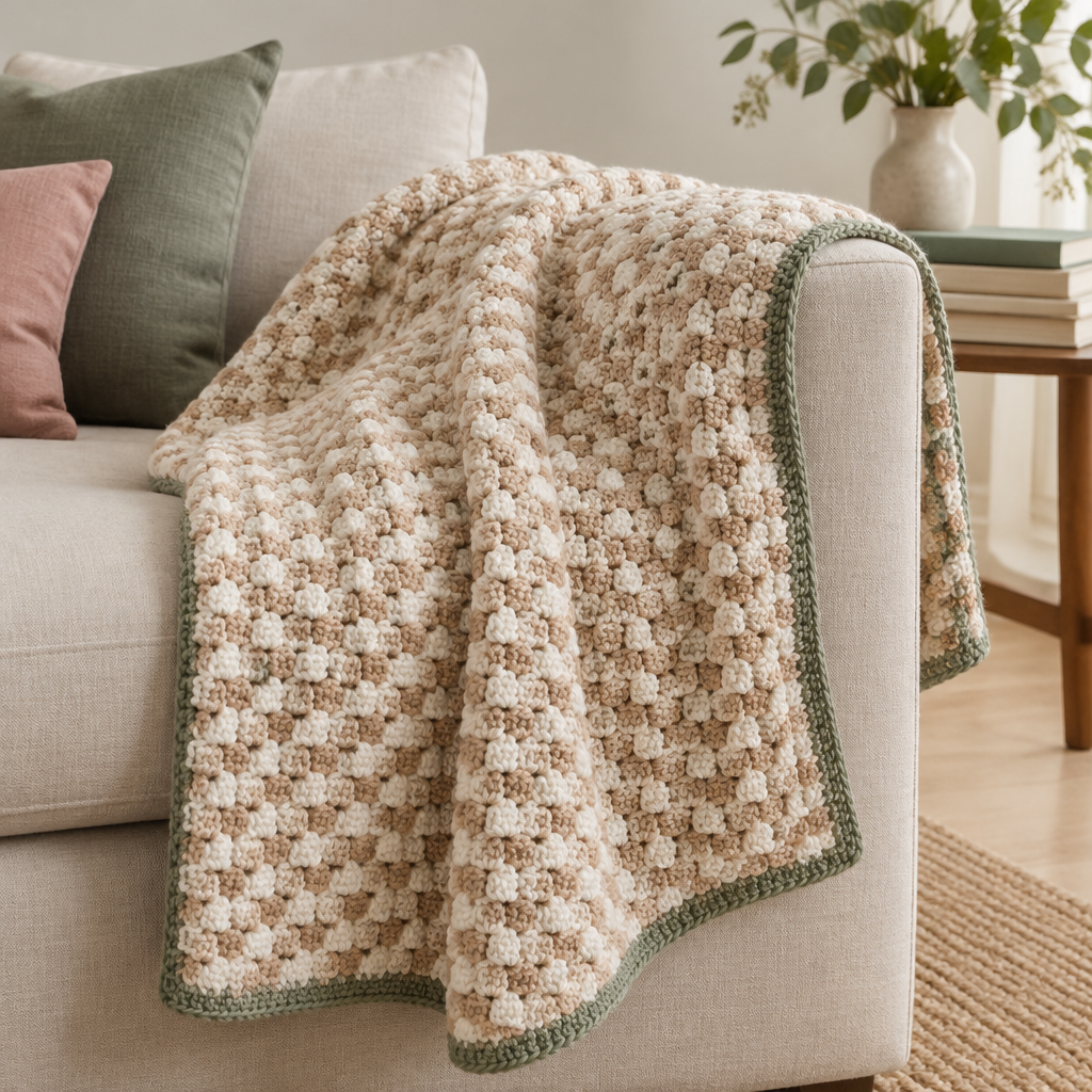 Oatmeal crochet throw with raised honeycomb stitch and sage border
