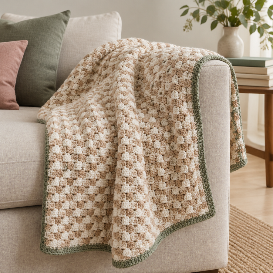 Oatmeal crochet throw with raised honeycomb stitch and sage border