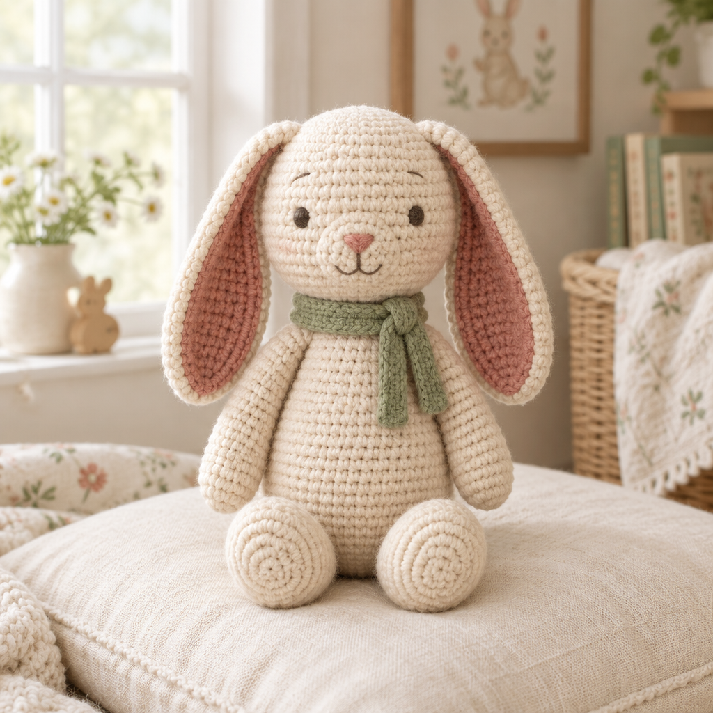 Cream crochet bunny toy with sage scarf and dusty-rose ears