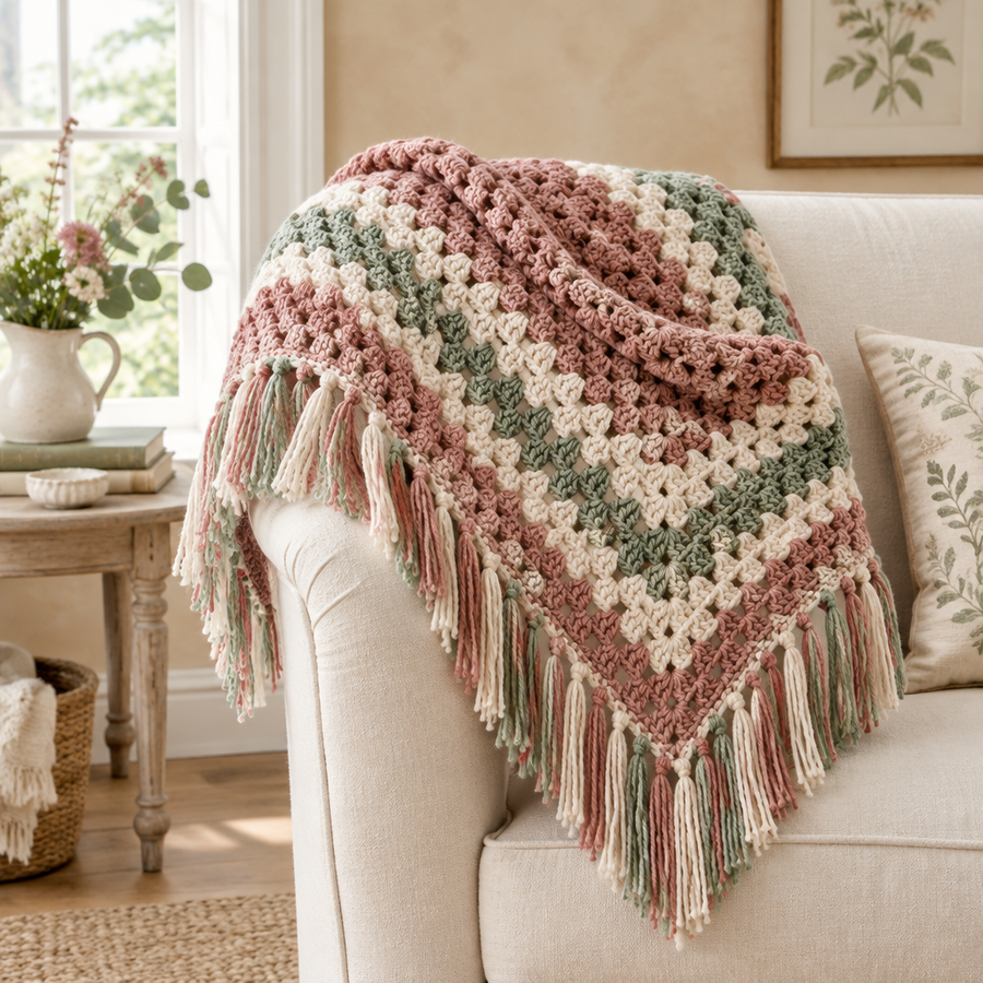 Dusty-rose, cream, and sage crochet shawl with fringe