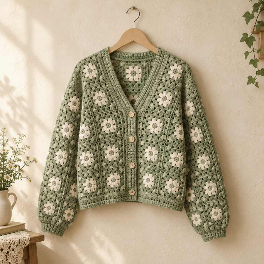 Sage crochet cardigan with ivory floral panels on a wooden hanger