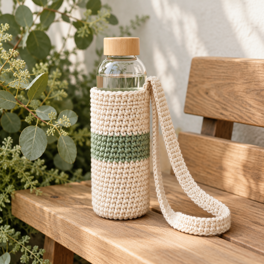 Riverstone Bottle Holder crochet design shown for the PDF pattern