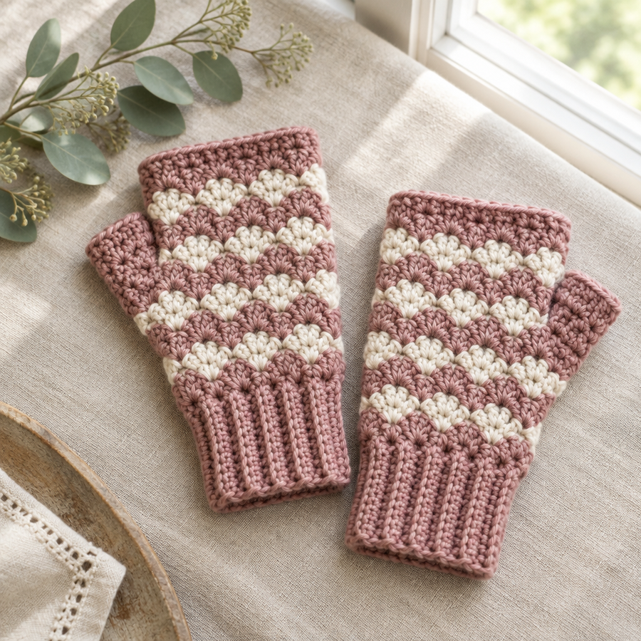 Pair of dusty-rose and cream crochet fingerless mittens
